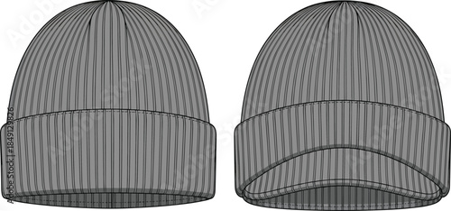 3D wireframe knit beanie hat, ribbed texture, front view, brim lifted detail, fashion modeling asset, flat vector illustration