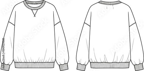 Crew neck sweatshirt technical sketch, front back view, ribbed cuffs hem neckline, fashion flat drawing, garment construction, flat vector illustration
