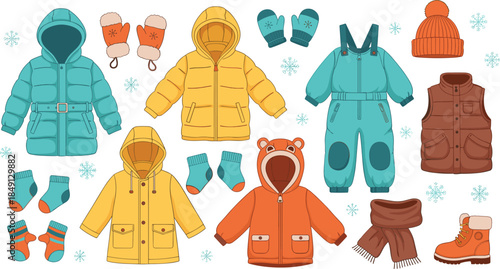 Children winter clothing collection, jackets coats mittens socks boots hats scarf snowsuit raincoat vest, cozy fashion, flat vector illustration
