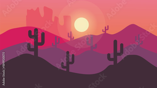 Desert Landscape Flat Illustration Sunset Sunrise Cactus Silhouette Mountains.Vector Background