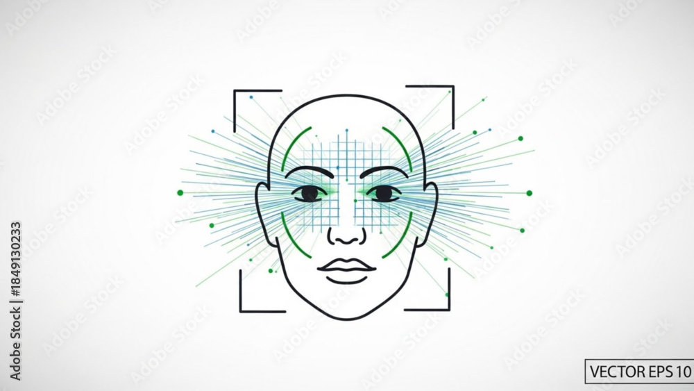 Fototapeta premium Facial Recognition Scan of Human Face with Digital Data, Biometric Identification Technology Vector Illustration