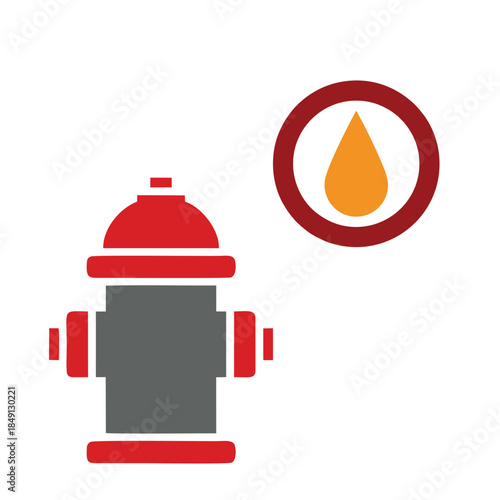 Fire Hydrant and Water Drop Icon - Red and Grey Fire Safety Emergency Symbol