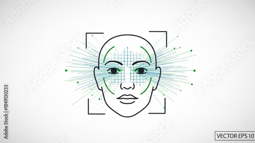 Facial Recognition Scan of Human Face with Digital Data, Biometric Identification Technology Vector Illustration