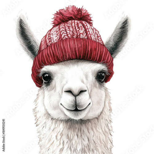 White Llama Wearing Red Beanie on transparent background