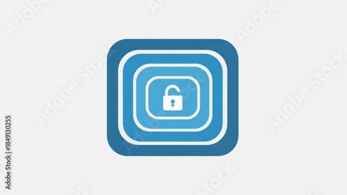 Unlocked Padlock Icon Concentric Blue Squares Isolated on White Background Symbolizing Access Solution