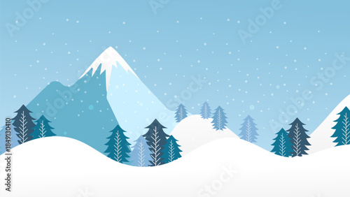 Winter Background Vector Illustration Nature Landscape with Mountain and Trees and Snowfall.Vector Art