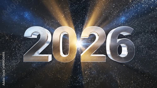 Spectacular 3d text 2026 with golden particles and light rays festive celebration motion background