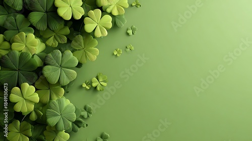 A vibrant arrangement of textured green four leaf clovers against a solid backdrop