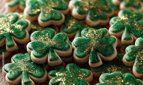 A delightful assortment of green shamrock cookies with golden glitter sprinkles