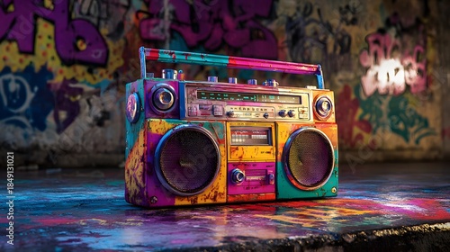 Vibrant Retro Boombox on Graffiti Background.