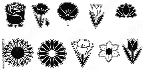 Black and white floral illustrations of various flowers