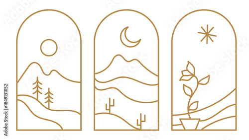Mountain Hill Landscape Bohemian Line Illustration Logo Art Icons Sun Moon Tropical Plant Arch Window Design.Vector Set