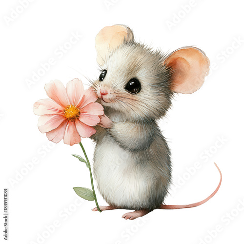 Adorable Mouse with Pink Flower on transparent background