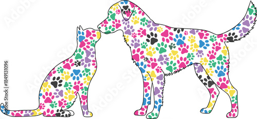 Silhouettes of a cat and dog facing each other filled with colorful paw prints isolated on a white background for pet lovers