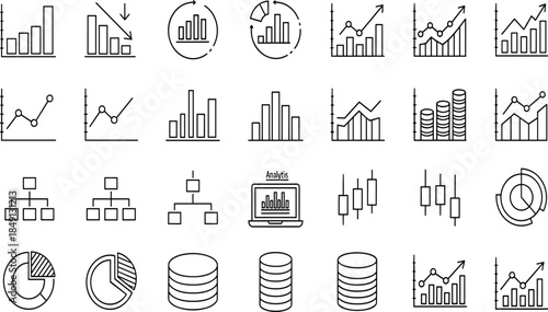 Business analytics icons set, financial charts symbols, data visualization illustration, statistics growth concepts, market analysis graphics, reporting dashboard outline collection