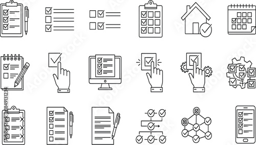 Checklist task icons set, approval workflow symbols, planning management illustration, digital form process concepts, productivity organization outline collection design