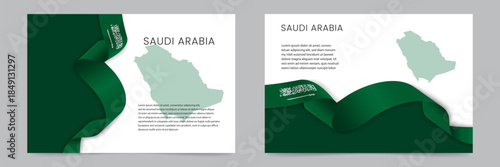Saudi Arabia National Banner with Wavy Green Flag Ribbon and Map Vector Illustration
