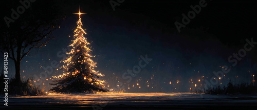 Christmas fir tree card. Fantasy fairy tale. New Year eve