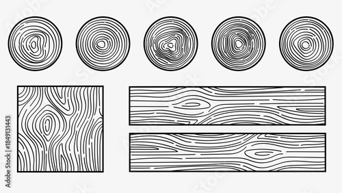 Wooden Texture Hand Drawn Wood Tree Rings Graphics Outline Circle and Square Set.Vector Elements