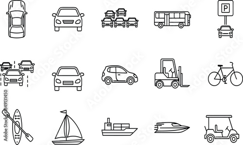 Transportation vehicle icons set, car bus bicycle boat forklift parking outline vector illustration collection modern mobility traffic logistics transport symbols