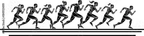 Geometric Low Poly Silhouettes of Male and Female Runners Sprinting in a Row Representing Speed Athletic Performance Competition and Personal Growth