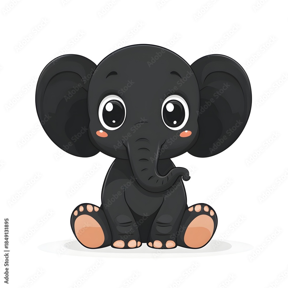 Fototapeta premium Adorable black baby elephant character sitting with large expressive eyes