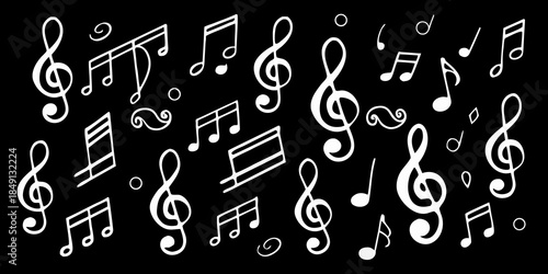 A black background adorned with various white musical notes and symbols