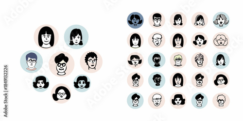 Collection of diverse stylized portrait icons featuring different hairstyles and faces