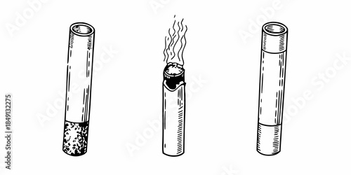 Three cigarettes in stages unlit burning and smoked illustrated in black and white