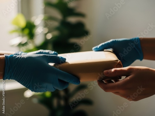 Wallpaper Mural Hands wearing blue gloves passing or receiving a cardboard box with plant in background Torontodigital.ca