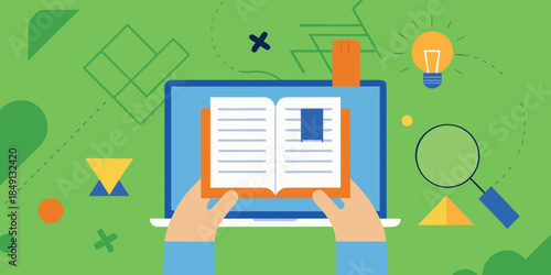 Laptop displaying an open book with learning elements surrounding it