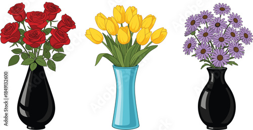 Set of three floral bouquets featuring red roses yellow tulips and purple daisies in colorful vases isolated on white background vector illustration.