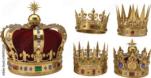 Set of ornate golden royal crowns with gemstones in various designs isolated on white, luxury monarchy regalia vector illustration