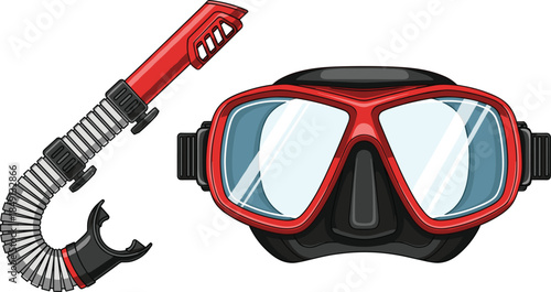 Snorkeling mask and snorkel set isolated on white background, underwater diving and swimming equipment vector illustration