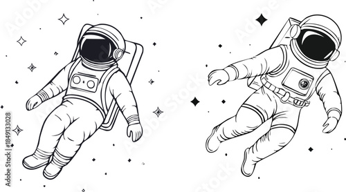 Astronaut floating in space depicted with bold black line art clean minimal modern style illustration