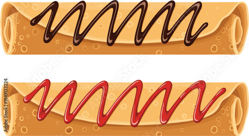 Sweet wafer rolls with chocolate and strawberry icing isolated on white, delicious dessert snack vector illustration