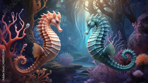 Sea Horses Dancing Together Near Coral Branches Dreamy And Calm Atmosphere