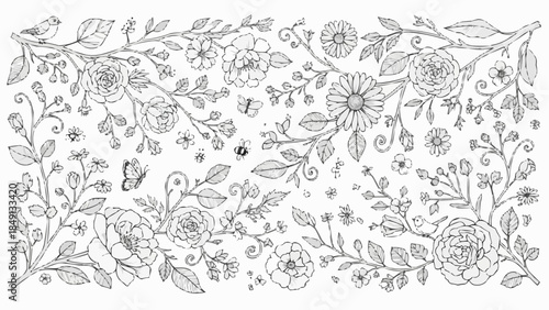Elegant Floral Border with Delicate Butterflies and Bees.