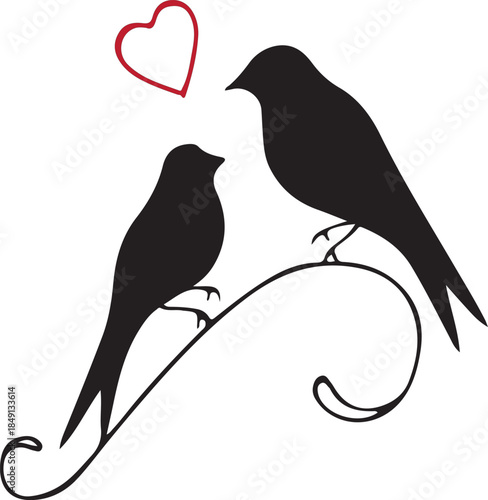 A cute nature illustration featuring a black bird silhouette with a detailed beak and wing perched on a wild tree branch in a vector drawing design