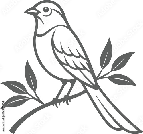 A cute black bird silhouette with a detailed wing and beak sits on a tree branch in this vector illustration of nature-inspired wildlife art