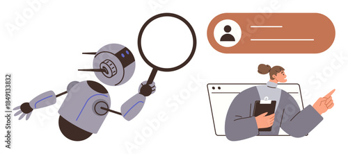Robot examining a profile with magnifying glass, woman pointing out details in online interface. Ideal for AI, recruitment, automation, user profiling, technology, teamwork, and innovation themes