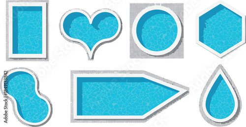 Swimming pool shapes collection with geometric and organic designs filled with water texture, modern resort pool vector illustration