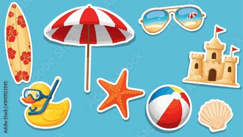 Collection of beach vacation and summer holiday icons and symbols.
