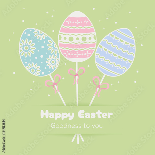 Cute Happy Easter Greeting Card with Pastel Eggs Bouquet on Sticks