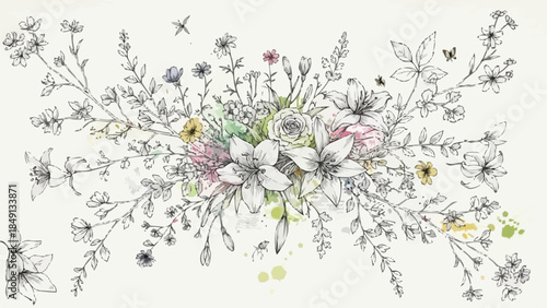 Delicate floral arrangement with hand-drawn botanical illustrations and subtle watercolor accents.