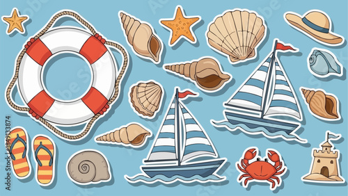 Summer Beach Vacation Elements Collection with Sailboats and Seashells.