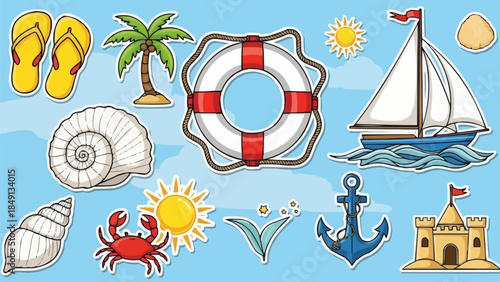 Collection of Summer Beach and Ocean Themed Icons and Illustrations.