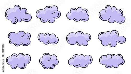 Collection of cartoon purple clouds.Vector illustration