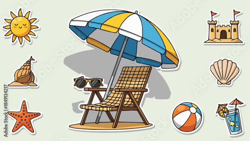 Beach chair under umbrella with sunglasses and table on sand with beach elements.
