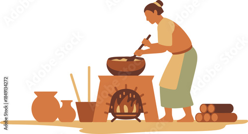 Woman cooking over traditional stove with fire, stirring pot of food, with clay pots and firewood nearby